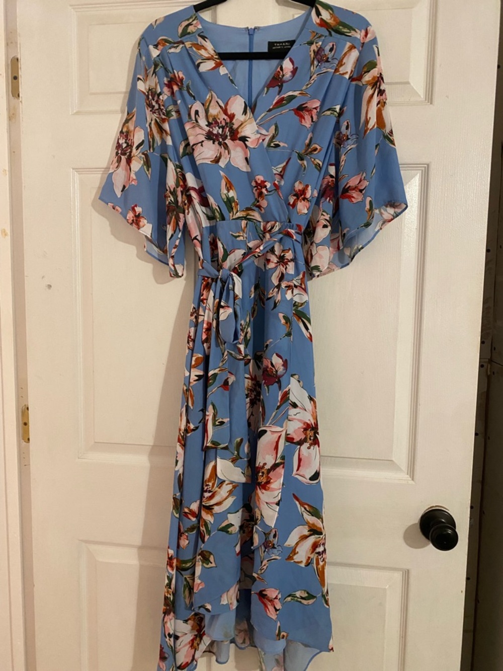 Tahari Sky Blue Floral Wrap Maxi Dress with Pink & Green Accents
